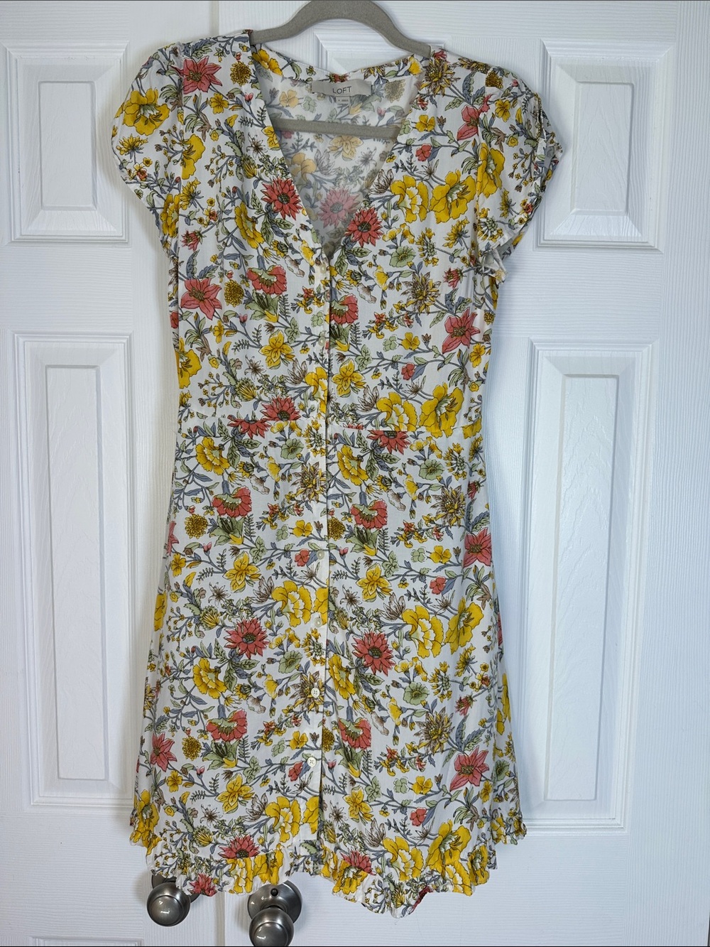 LOFT White Floral Button-Front Dress with Yellow and Pink Blooms